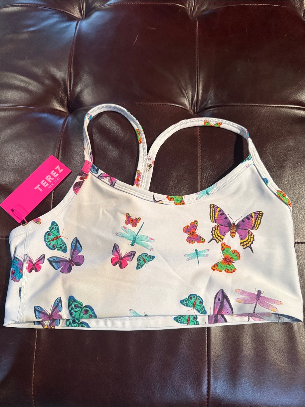 Terez White Butterfly & Dragonfly Crop Sports Bra Xl
